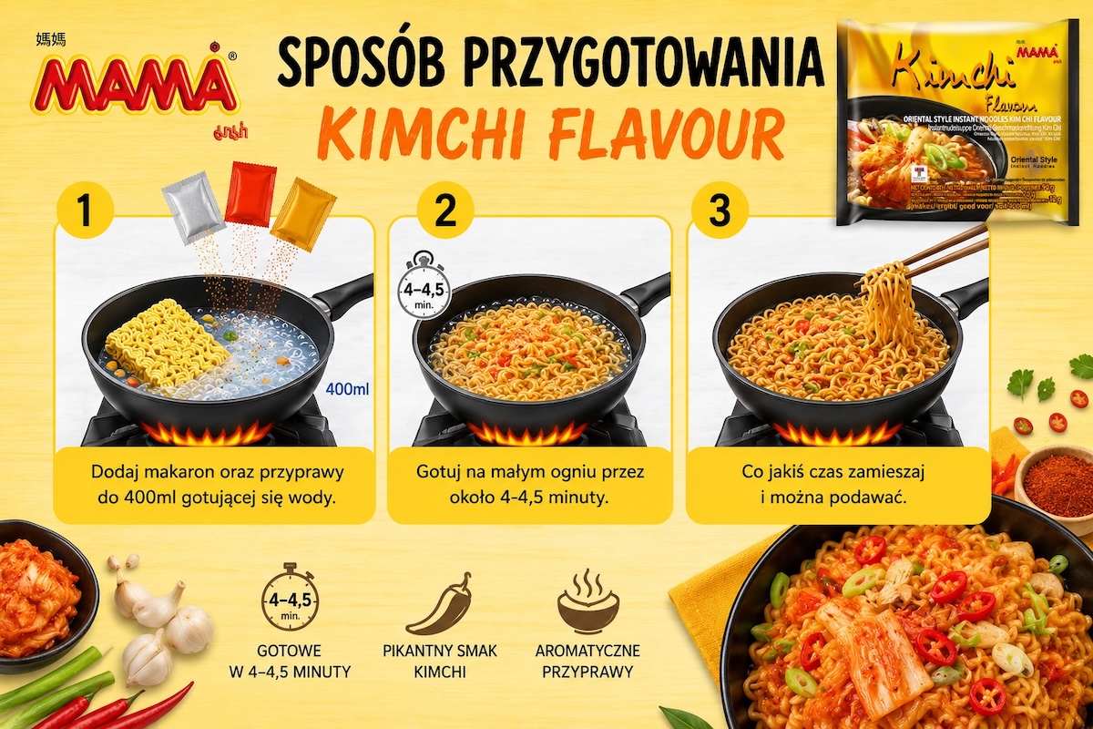 Przygotowanie: KARTON Tajska Zupka Błyskawiczna Makaron Instant o Smaku KimChi Hot 20 x 90g MAMA
